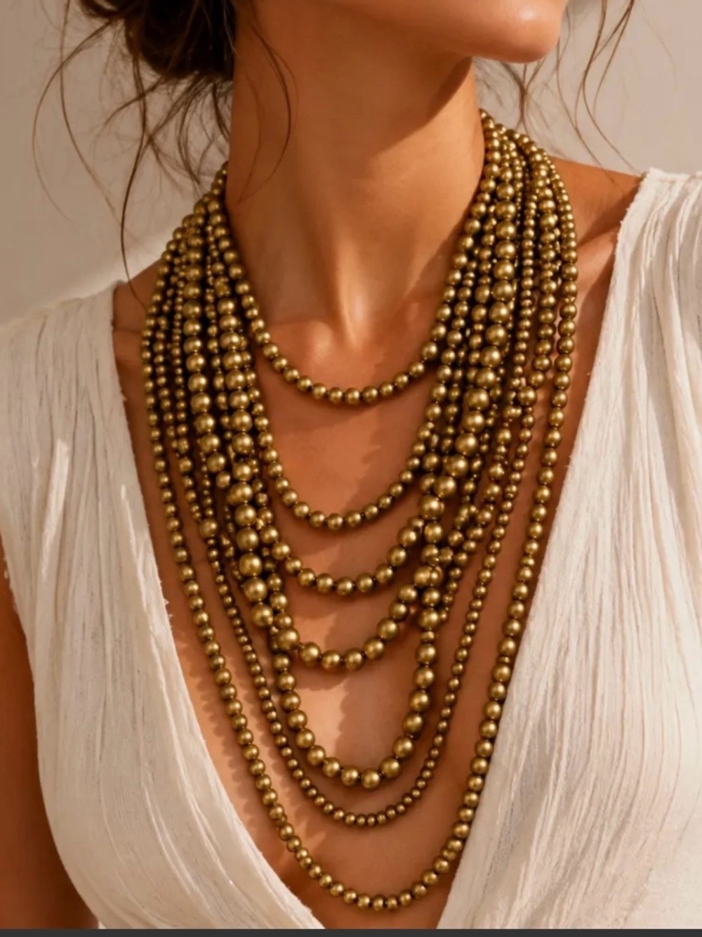 Gold Tone Multi-Strand Layered Beaded Statement Necklace